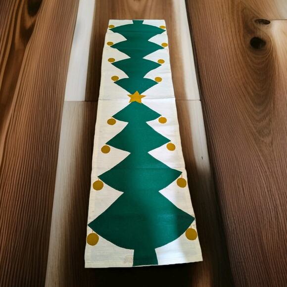 Vtg MCM Table Mantle Runner Green Felt Appliqued Christmas Tree Gold Ornaments - Picture 1 of 10